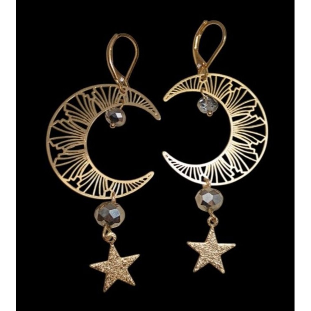 Crescent Moon Crystal Dangle Earrings Gold tone Filigree